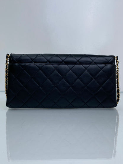 Chanel Black Logo Enchained Flap Quilted Calfskin Clutch GHW