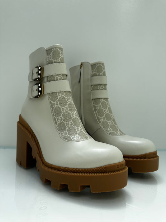 Gucci Cream GG Leather Heeled Boots, 41