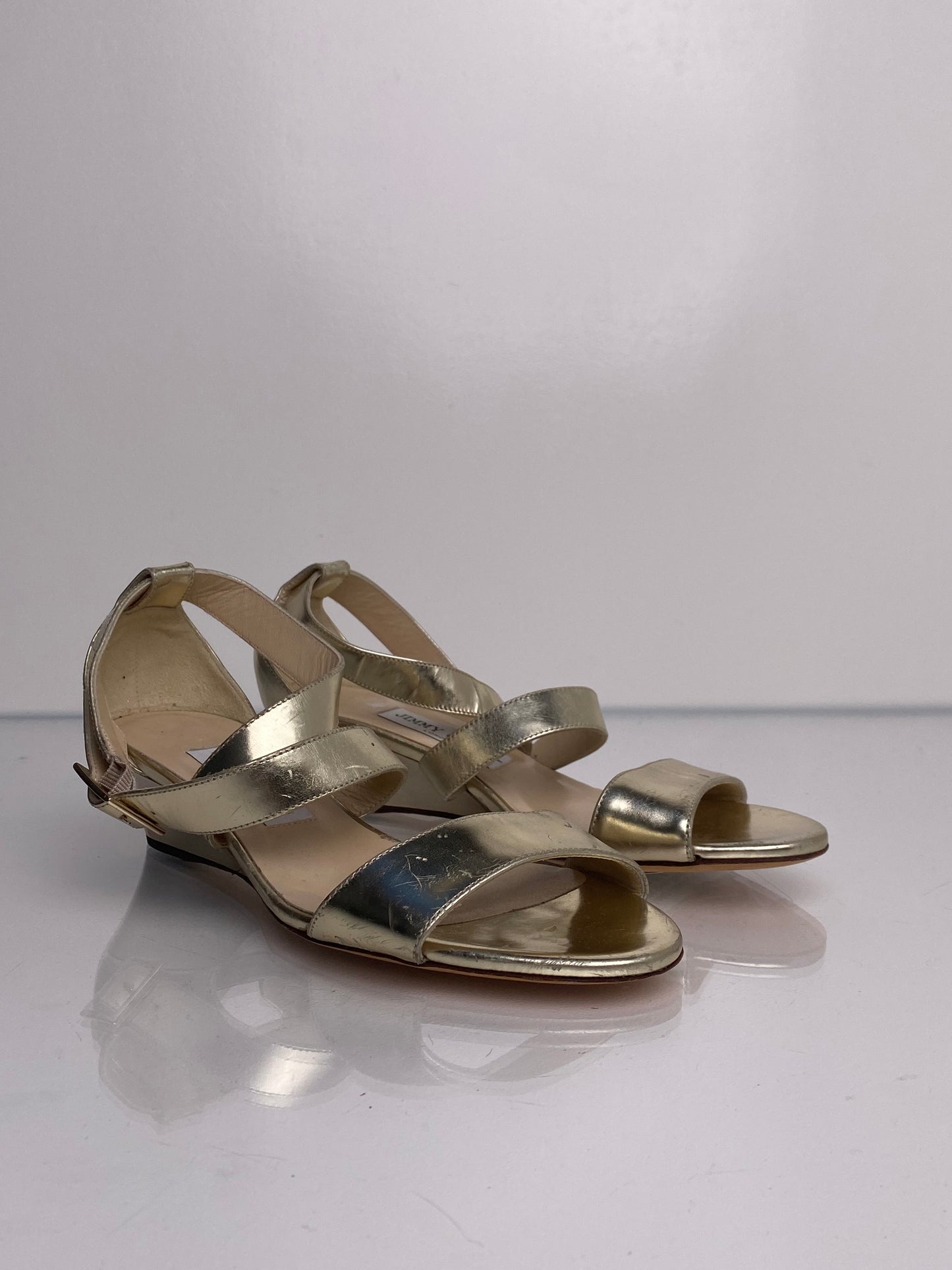 Jimmy Choo Light Gold Mini Cross Strap Wedges, 37.5