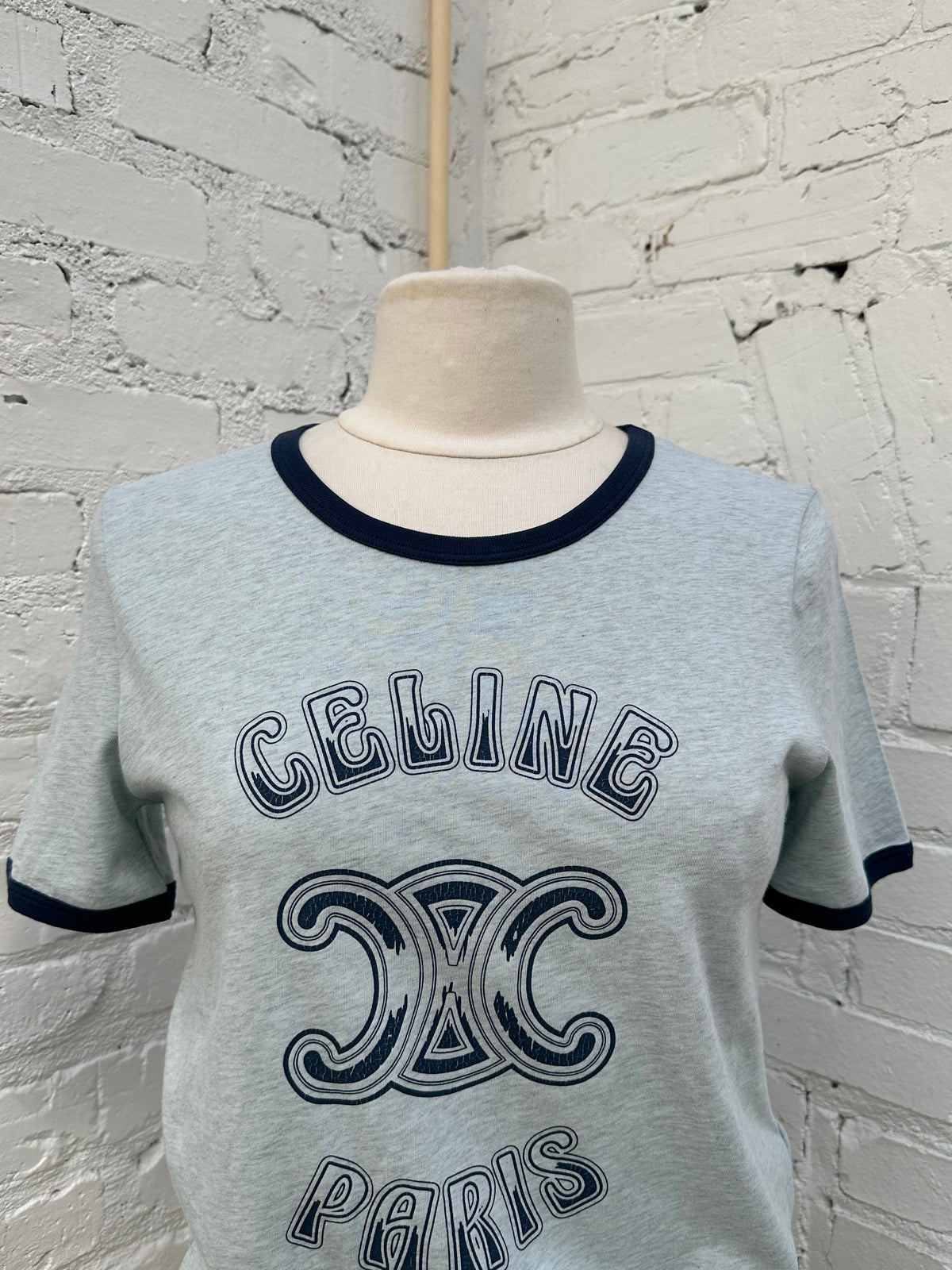 Celine Light  Blue & Navy Retro Logo T Shirt, M