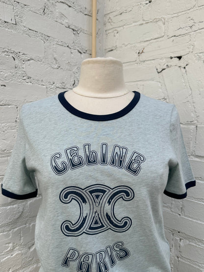 Celine Light  Blue & Navy Retro Logo T Shirt, M