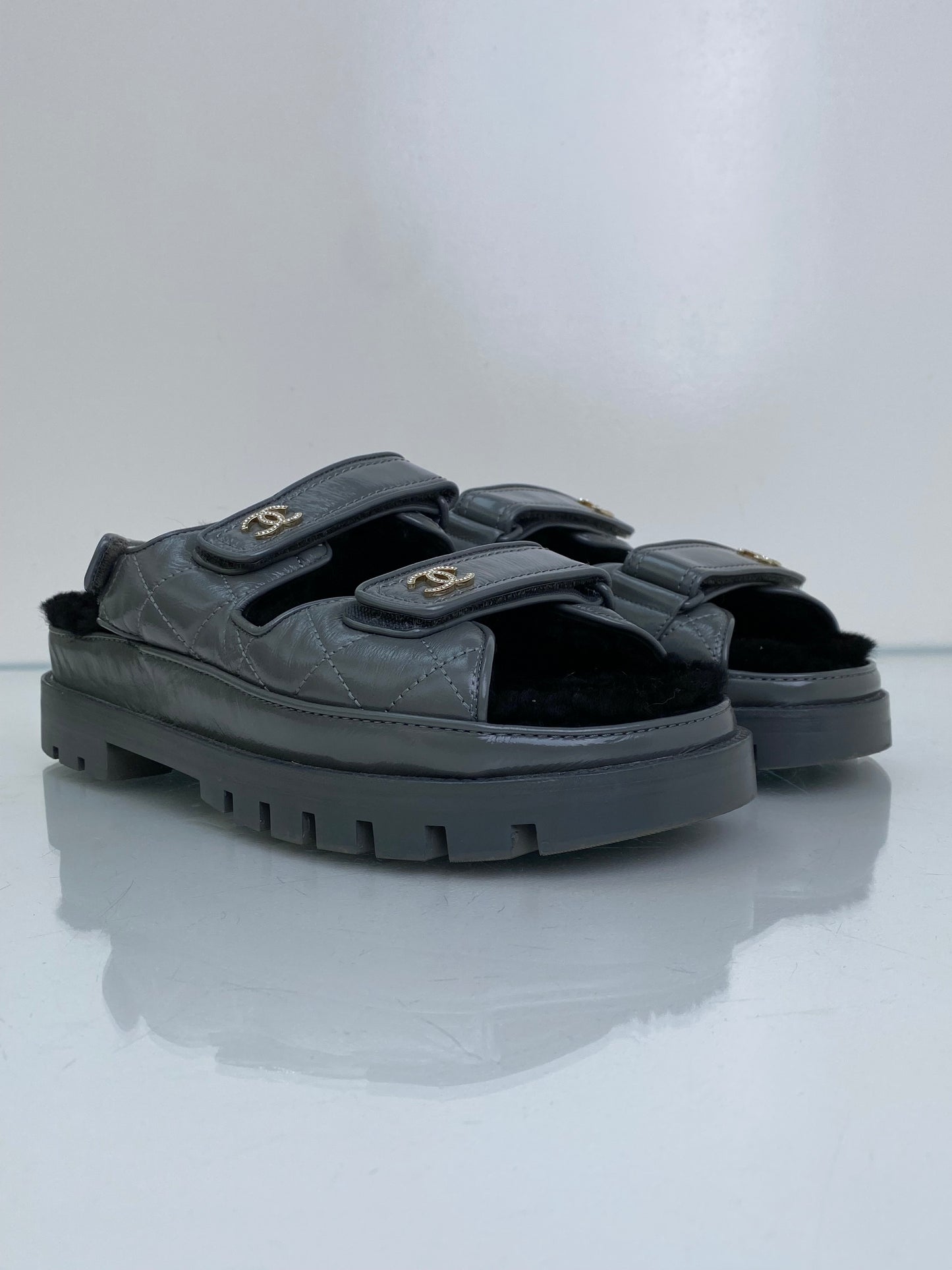 Chanel Grey Patent Leather & Shearling CC Interlocking Dad Sandals, 40