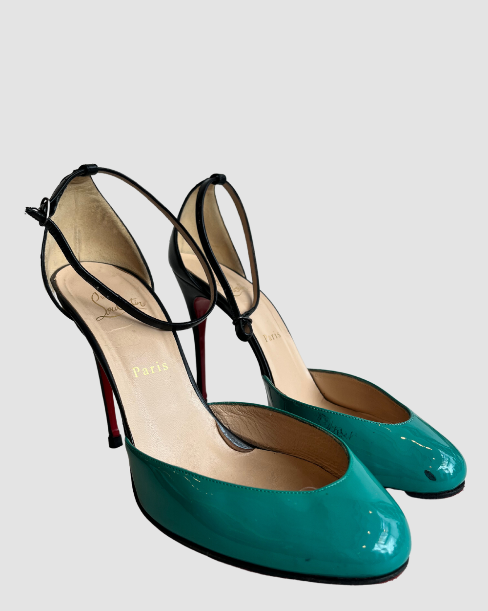 Christian Louboutin Teal & Black Patent Leather Heels, 40.5