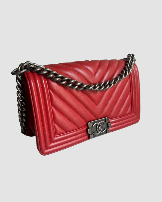 Chanel Red Chevron Lambskin Leather Medium Boy Bag RHW