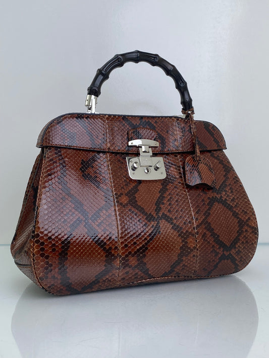 Gucci Brown Lady Lock Python & Bamboo Top Handle Bag SHW