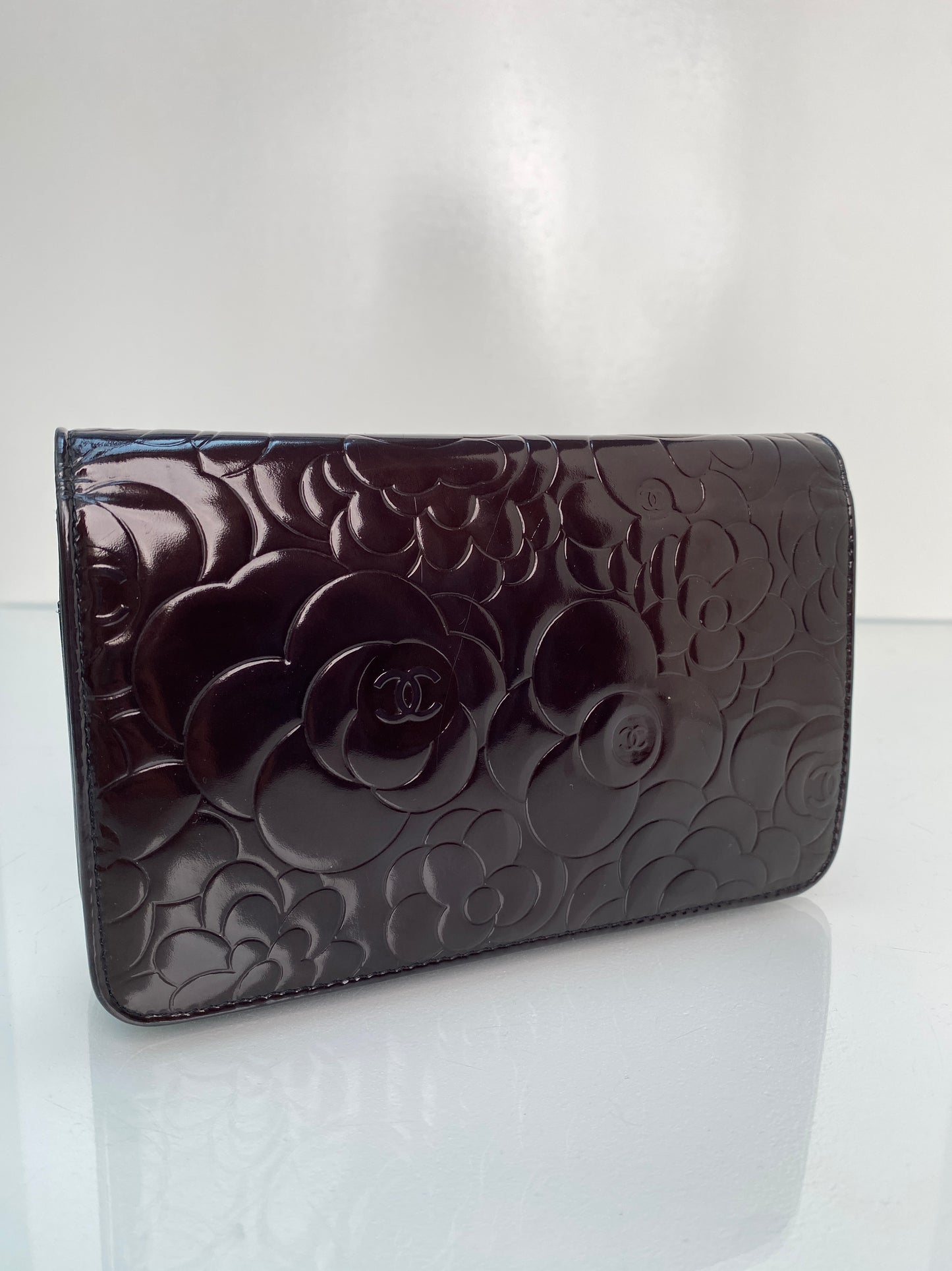 Chanel Dark Brown Patent & Black Camille Wallet On The Chain SHW