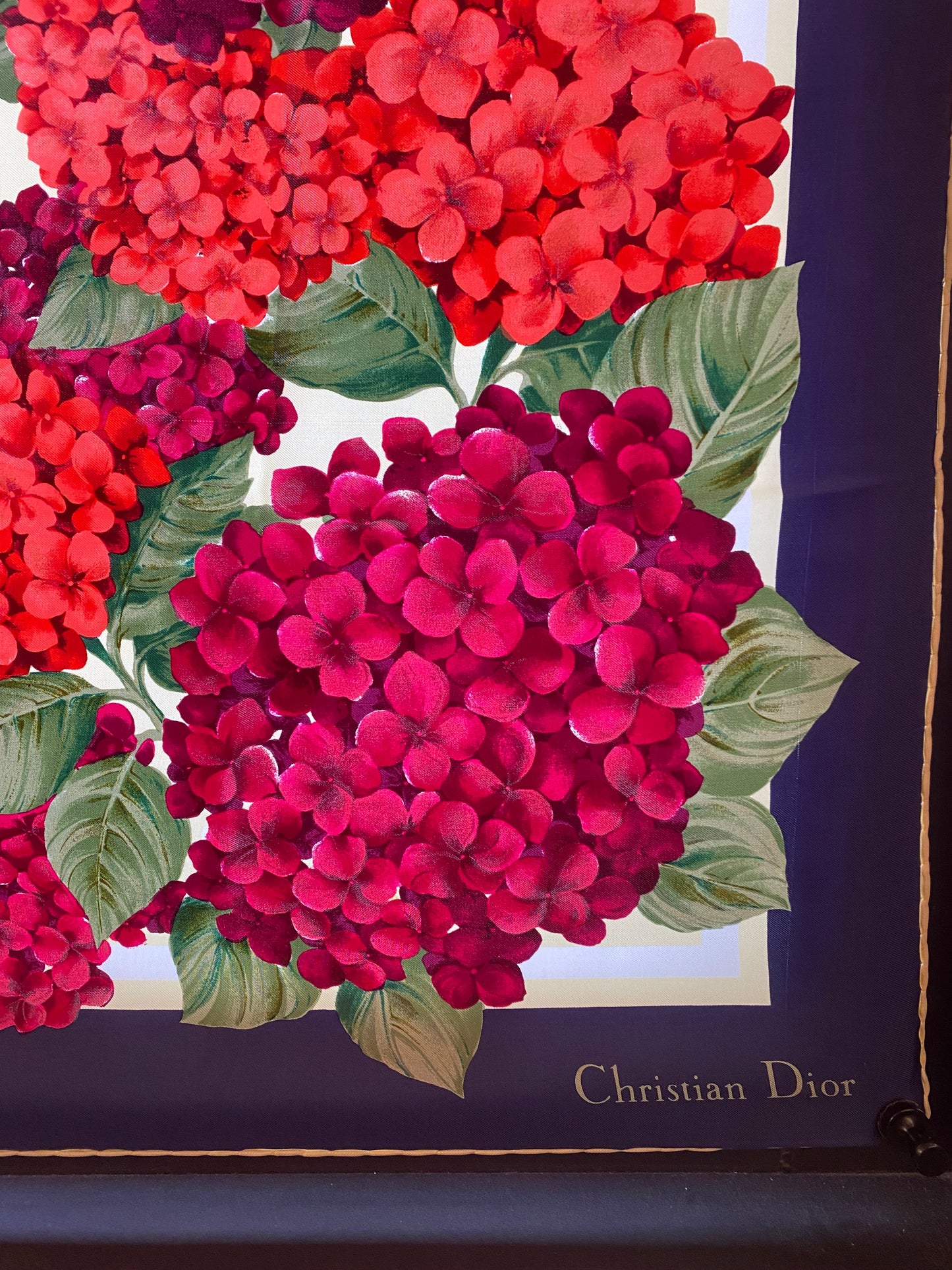 Dior Vintage Navy, Cream, & Purple Hydrangea Silk Scarf