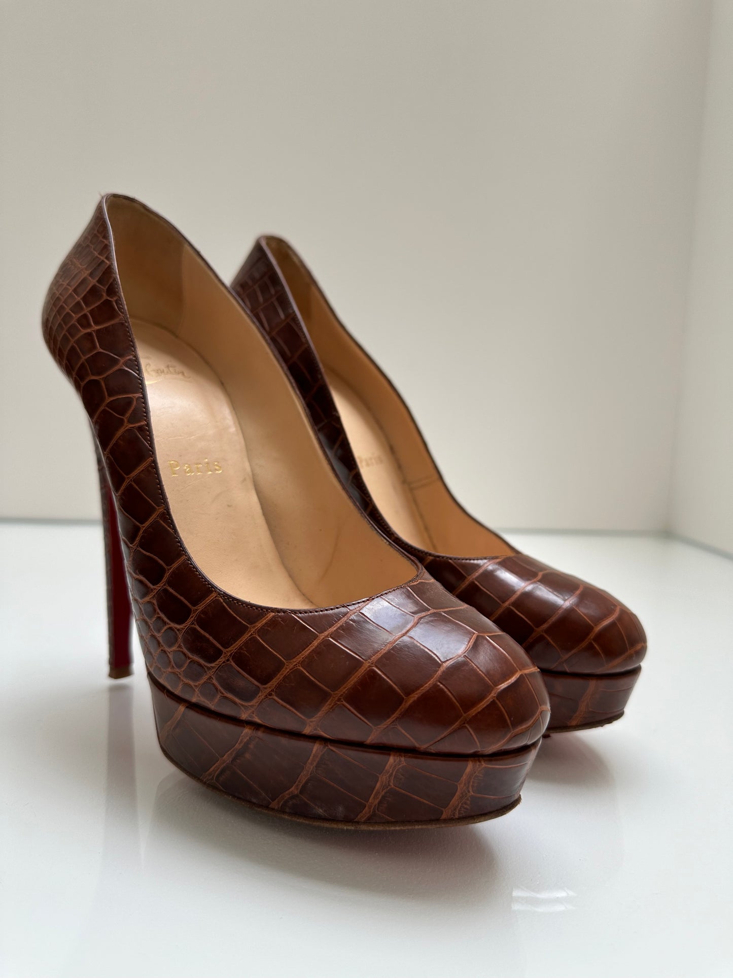 Christian Louboutin Brown Croc Embossed Heels, 39