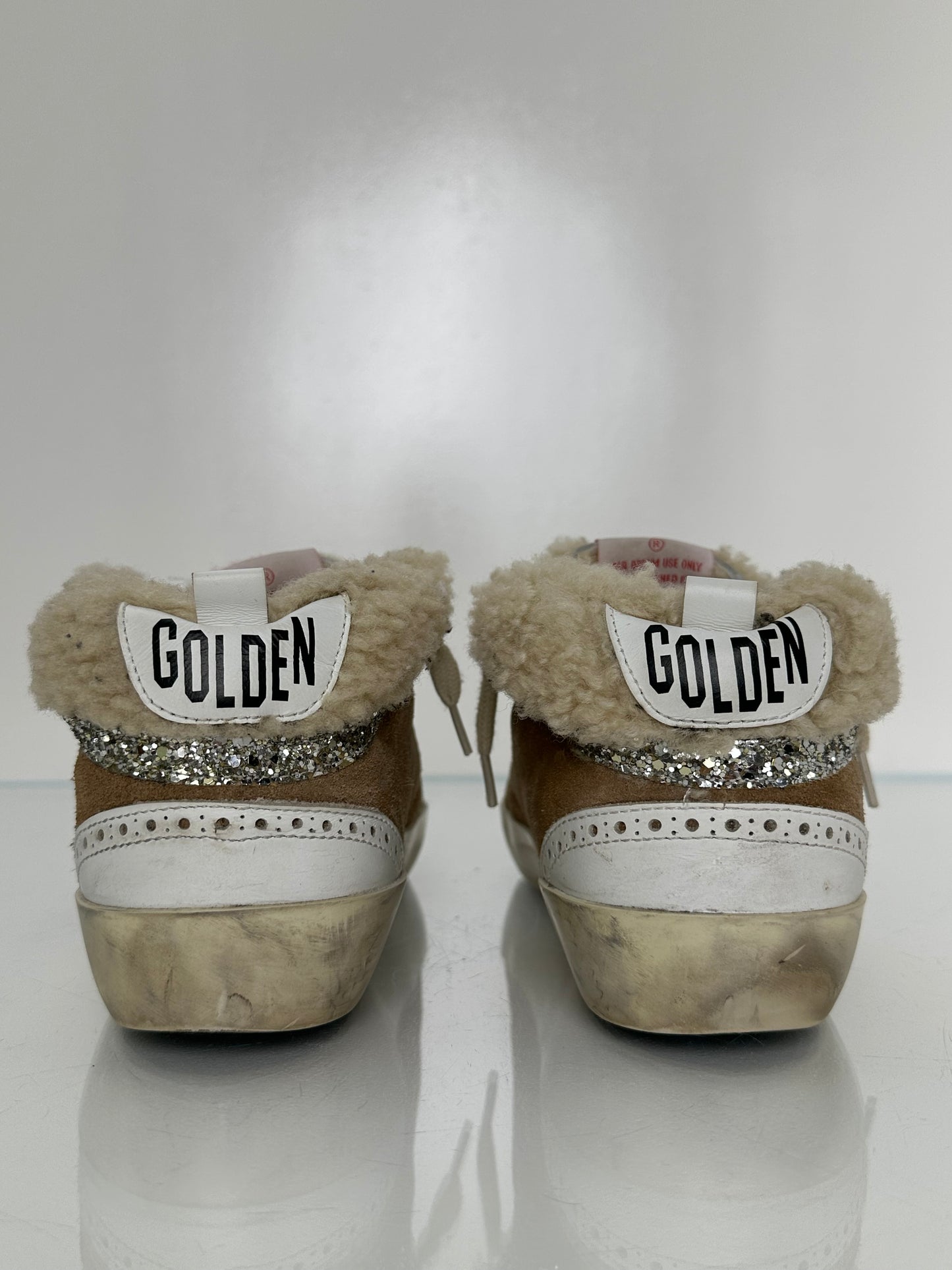 Golden Goose White Leather,  Brown Suede, & Sherpa  High Top Sneakers, 37