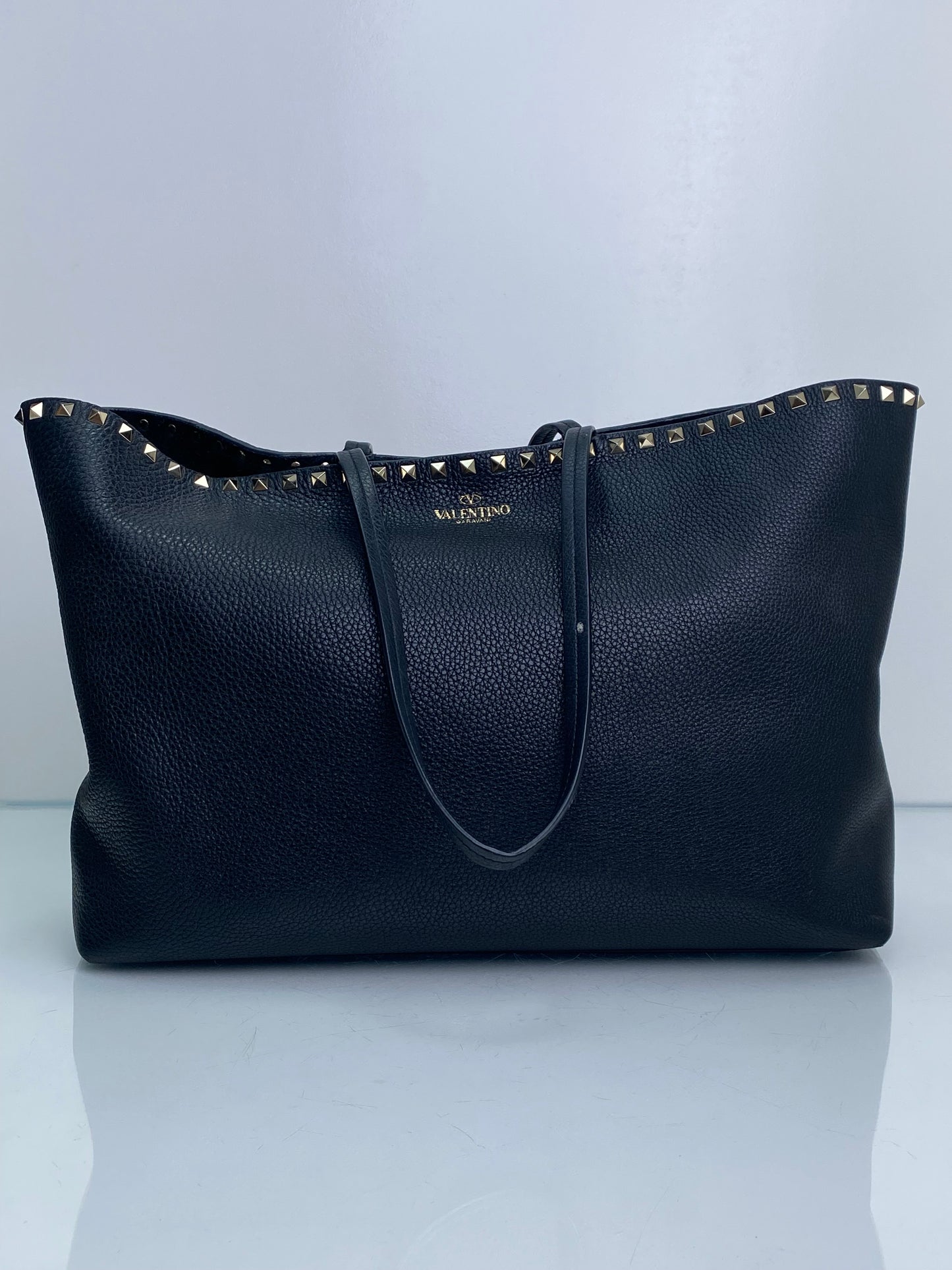 Valentino Black Grained Calfskin Rockstud Accent Tote Bag LGHW