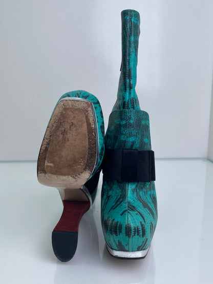 Miu Miu Teal, Black, & Burgundy Exotic Platform Boot Heels, 38