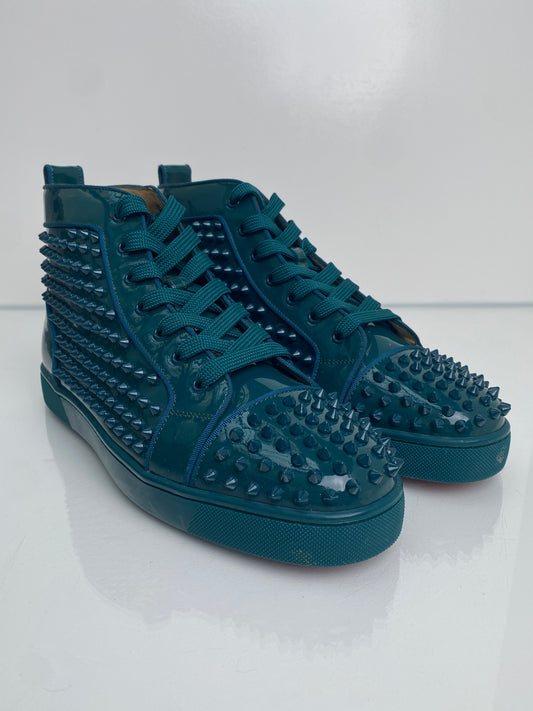 Christian Louboutin Dark Teal Spiked Patent Leather High-Top Sneakers, 43