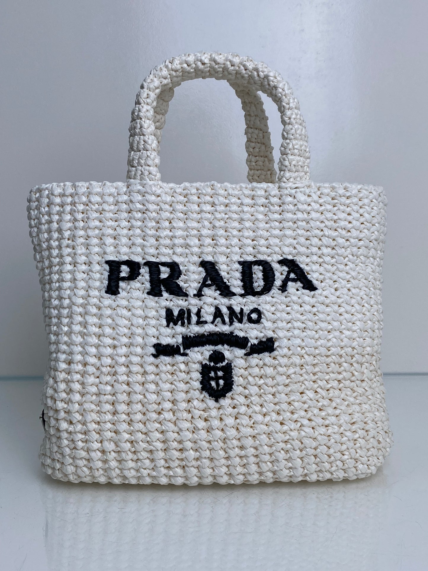 Prada White Logo Crochet Small Tote Bag