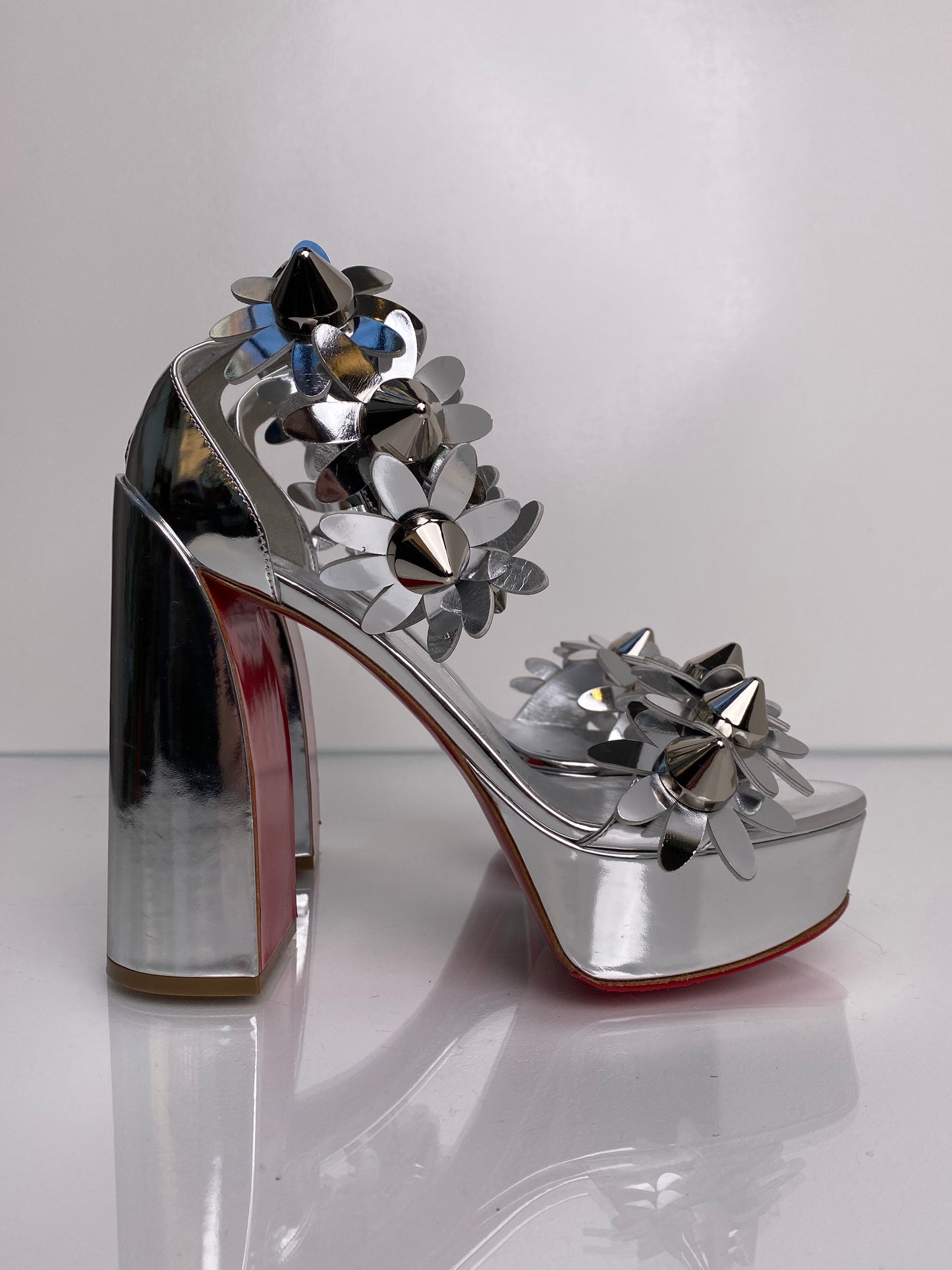 Christian Louboutin Silver Daisy Spike Heels, 39.5