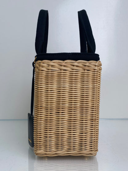 Prada Tan & Black Wicker & Canvas Small Logo Tote Bag GHW