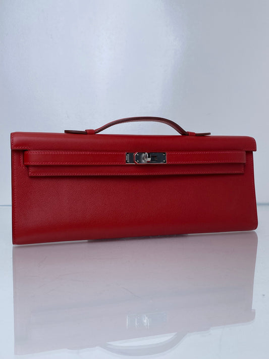 Hermes Kelly Cut Pochette Rouge Casaque Swift PHW #M