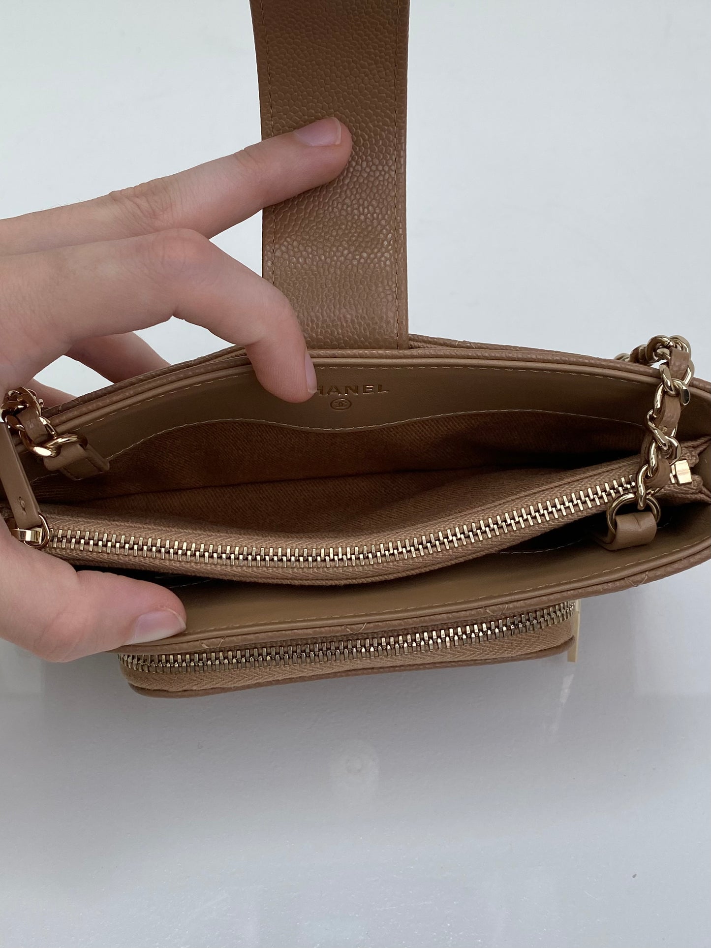 Chanel Quilted Beige O-Phone Holder Caviar LGHW