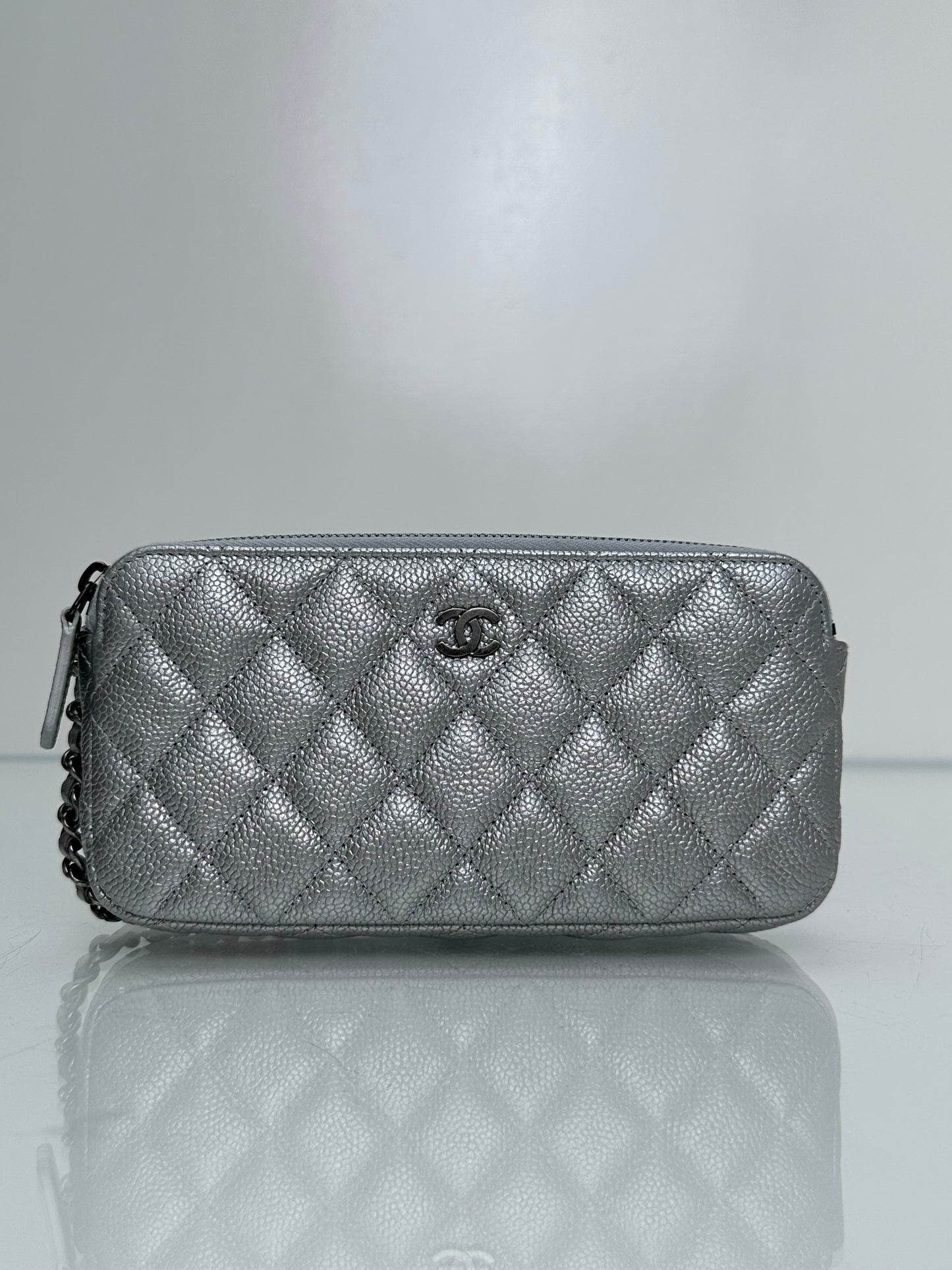 Chanel Double Zip Silver Metallic Caviar Clutch SHW #23
