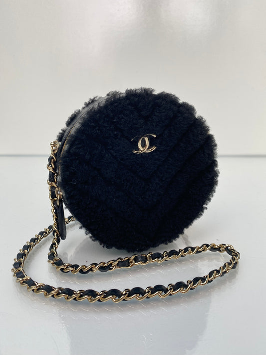 Chanel Black Shearling Chevron Round Mini Crossbody Bag