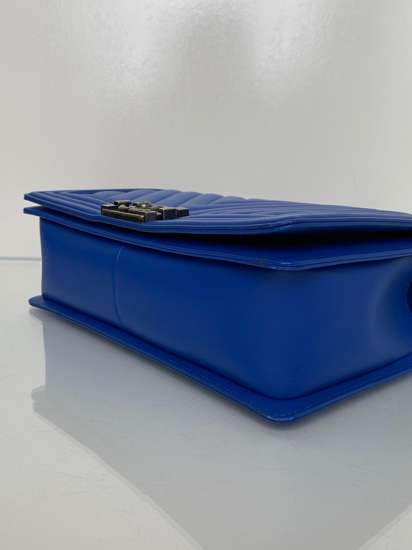 Chanel Cobalt Blue Chevron Lambskin Medium Boy Bag RHW