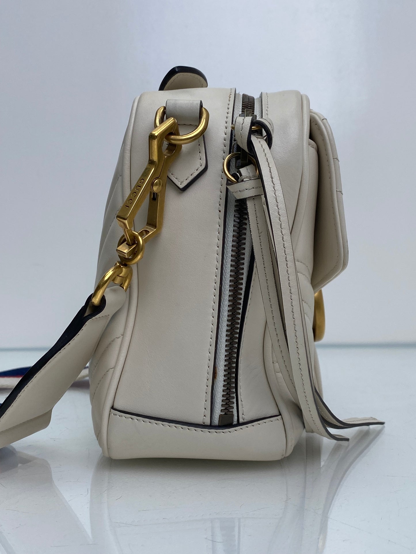 Gucci White & Web Stripe Strap Marmont Top Handle Bag GHW