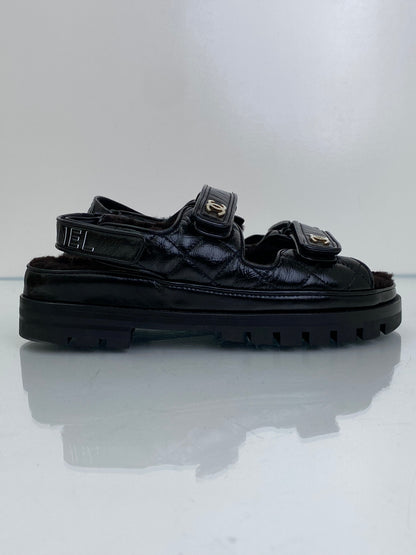 Chanel Black Patent Leather & Shearling CC Dad Sandals, 40