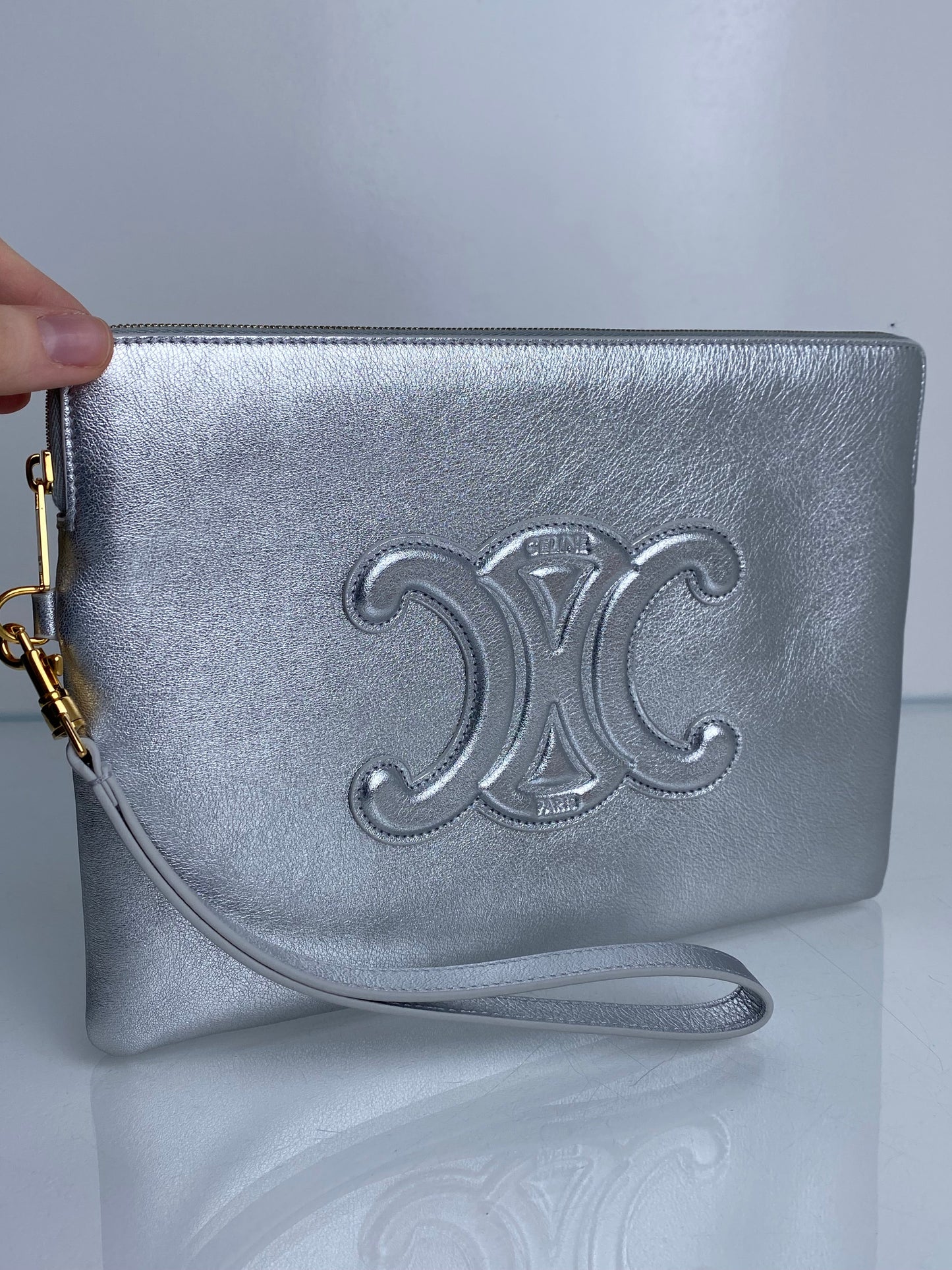Celine Cuir Triomphe Small Pouch Metallic Silver
