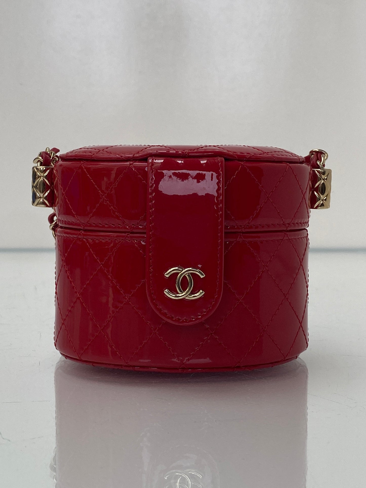 Chanel Red Patent Quilted Small Round Vanity GHW
