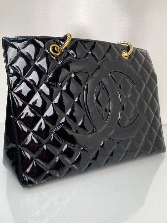 Chanel Vintage Black Patent Quilted Tote Bag GHW
