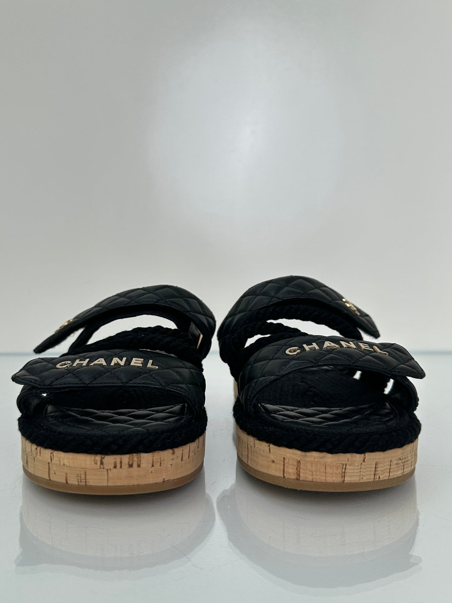 Chanel Black Quilted & Rope “Chanel” Logo Sandals, 39