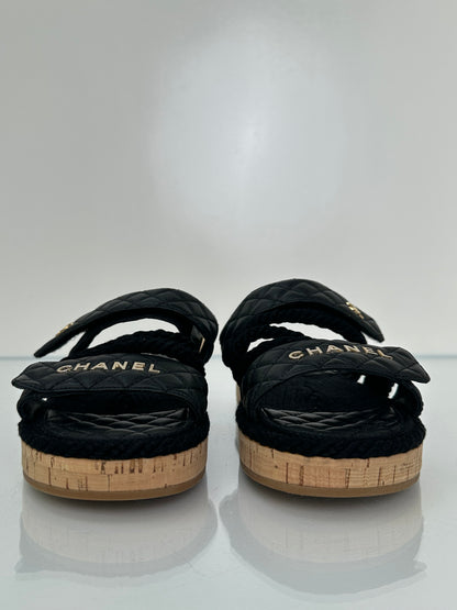 Chanel Black Quilted & Rope “Chanel” Logo Sandals, 39