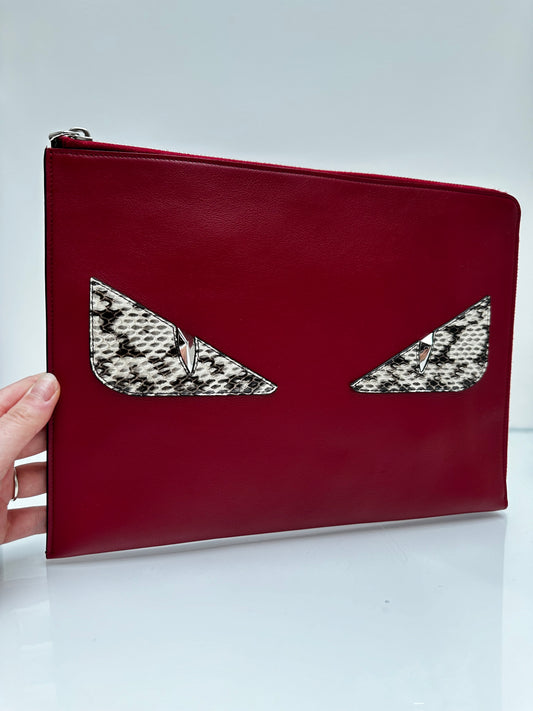 Fendi Red Leather & Python Monster Clutch