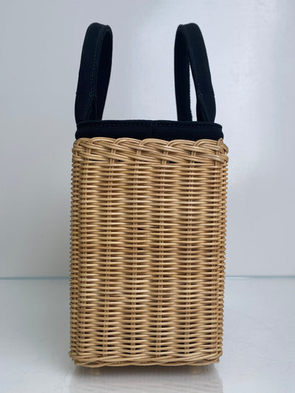 Prada Tan & Black Wicker & Canvas Small Logo Tote Bag GHW