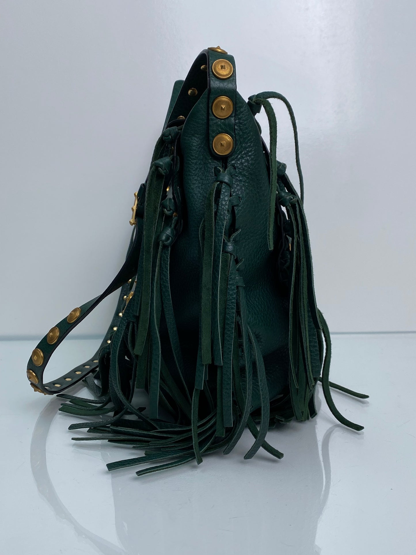 Valentino Green Leather Studded & Tassel Shoulder Bag