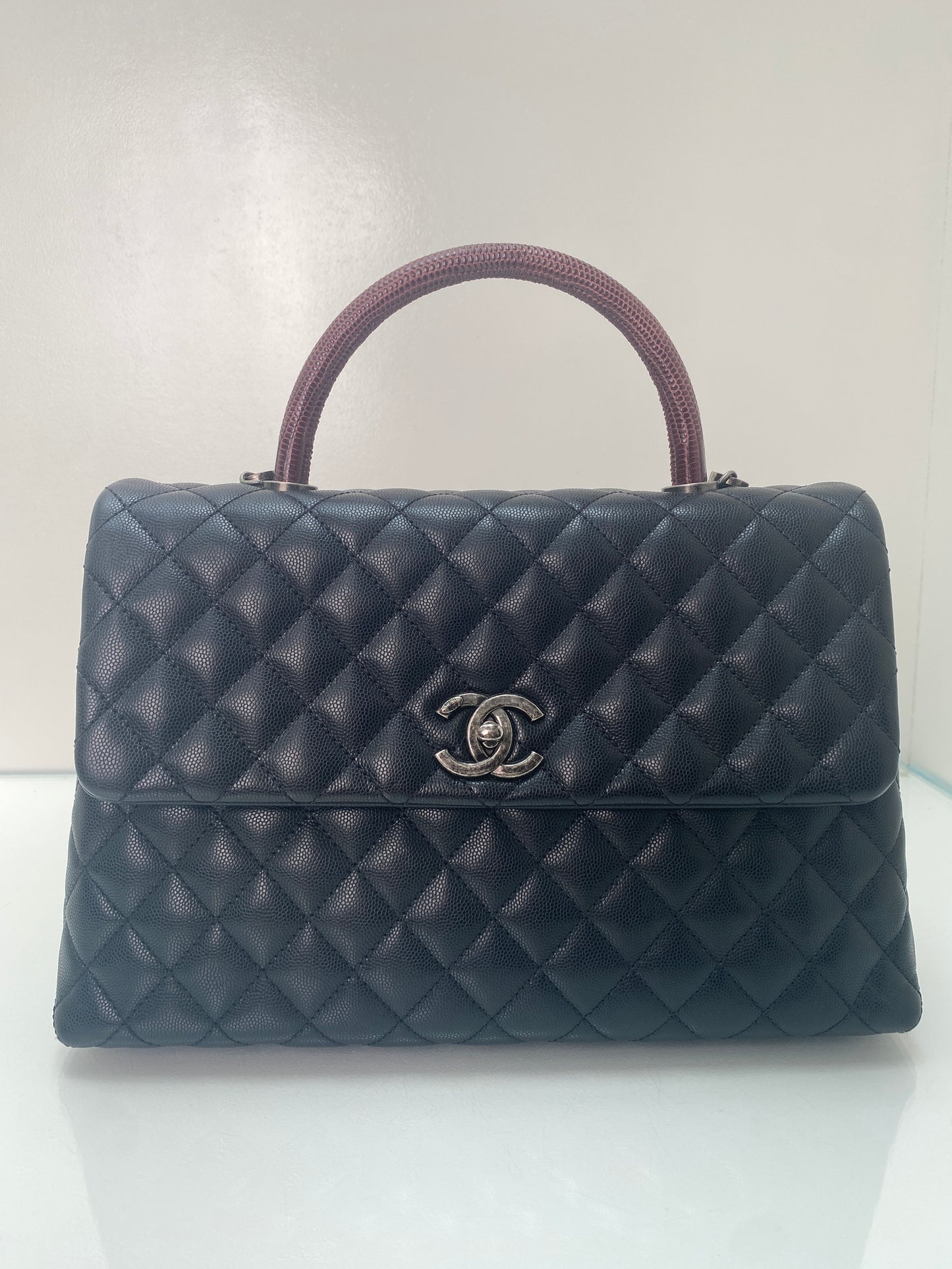 Chanel Burgundy Lizard & Black Caviar Medium Coco Top Handle Bag RHW