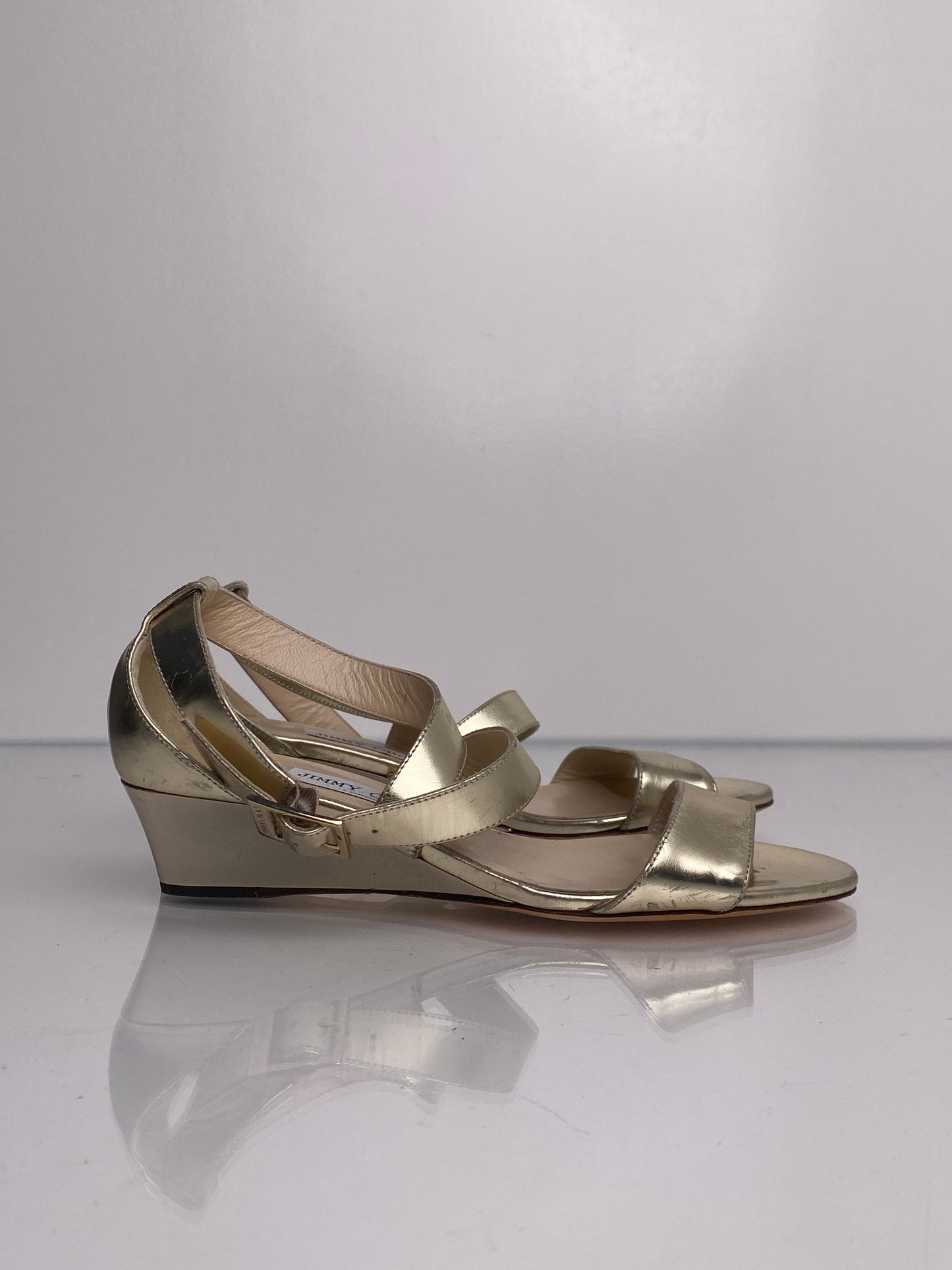 Jimmy Choo Light Gold Mini Cross Strap Wedges, 37.5