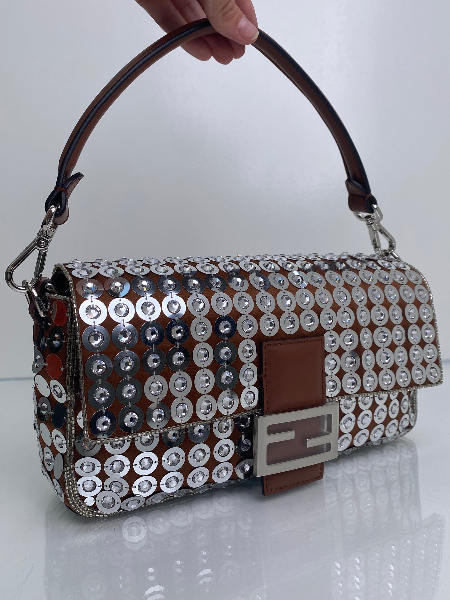Fendi Brown & Silver Sequin Baguette Bag SHW