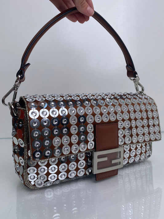 Fendi Brown Silver Sequin Baguette Bag SHW