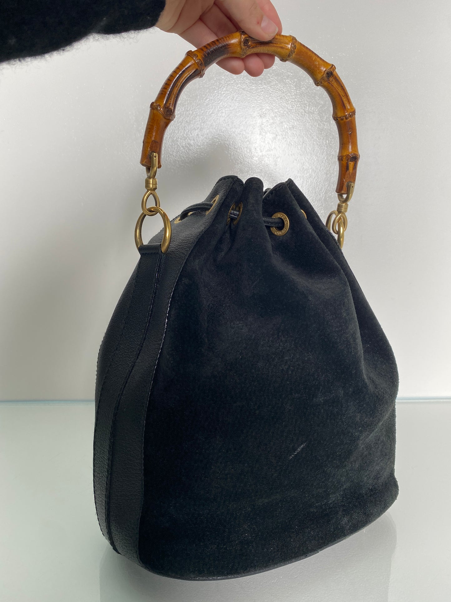 Gucci Vinatge Black Suede Bamboo Bucket Bag GHW