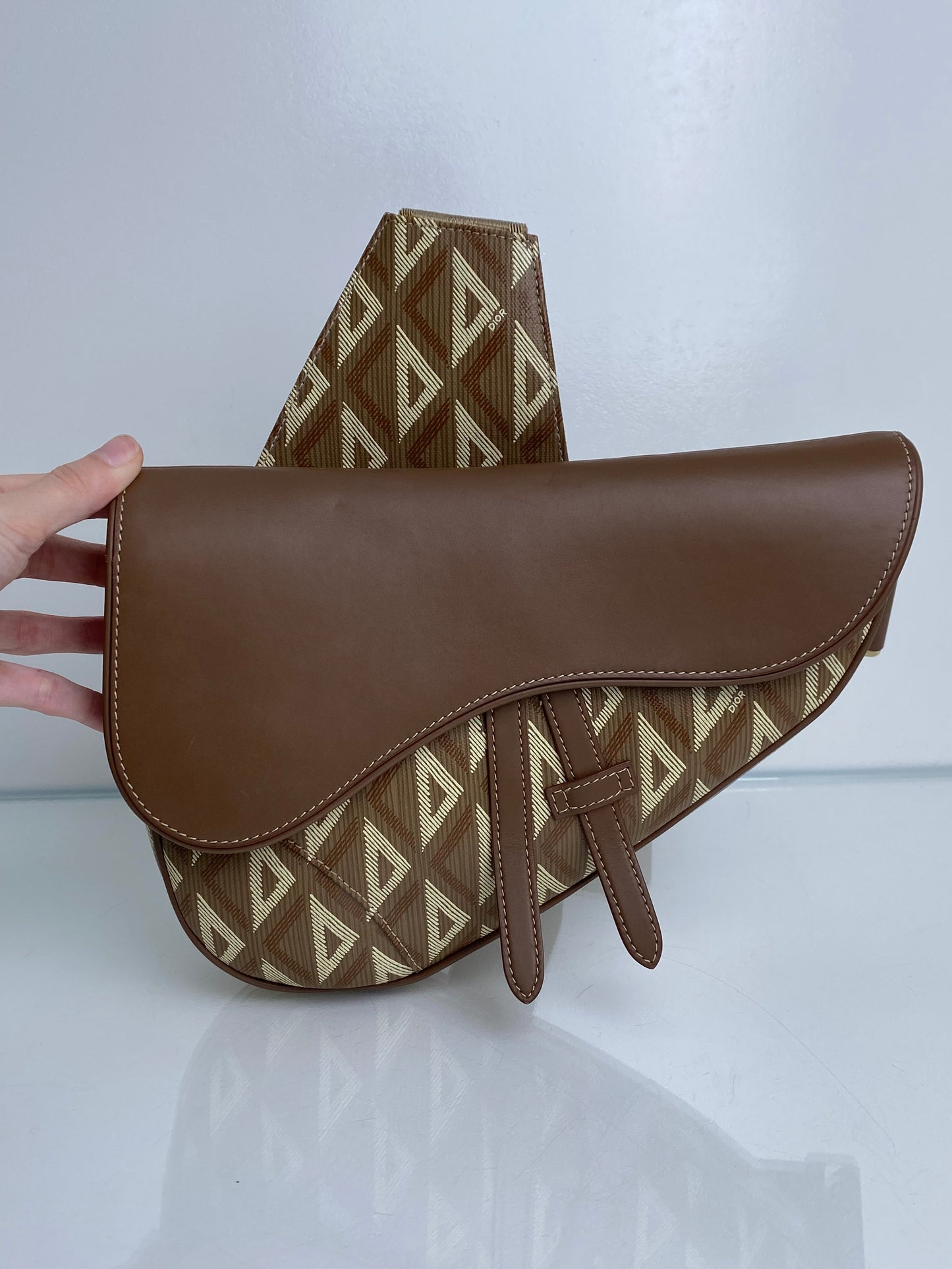 Christian Dior Diamond Logo Canvas Saddle Bag Taupe