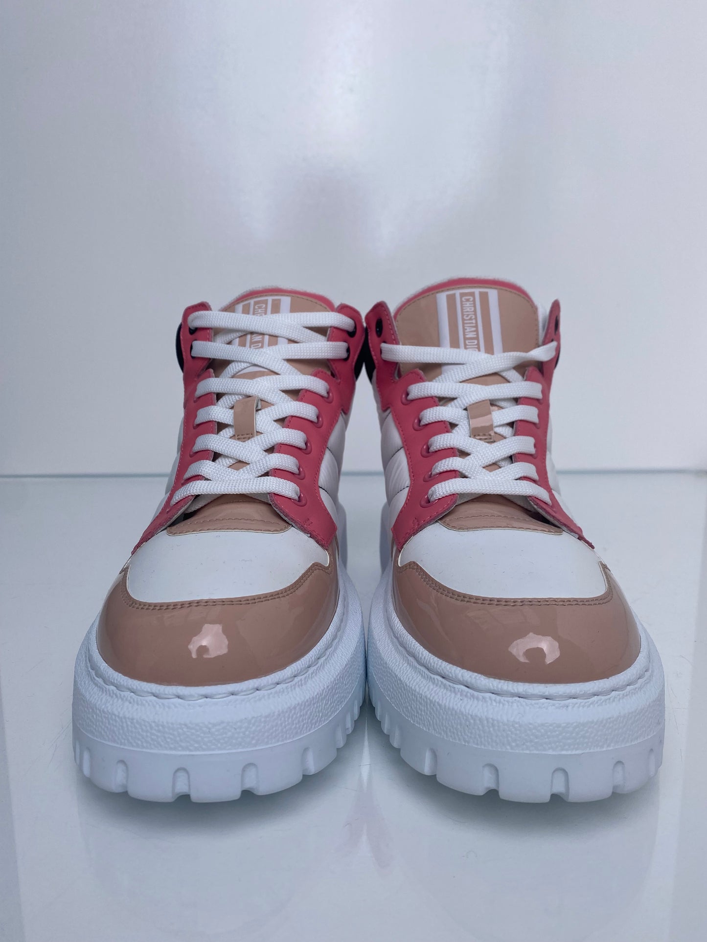 Dior White, Pink, & Tan Patent D Player High Top Sneakers, 38.5