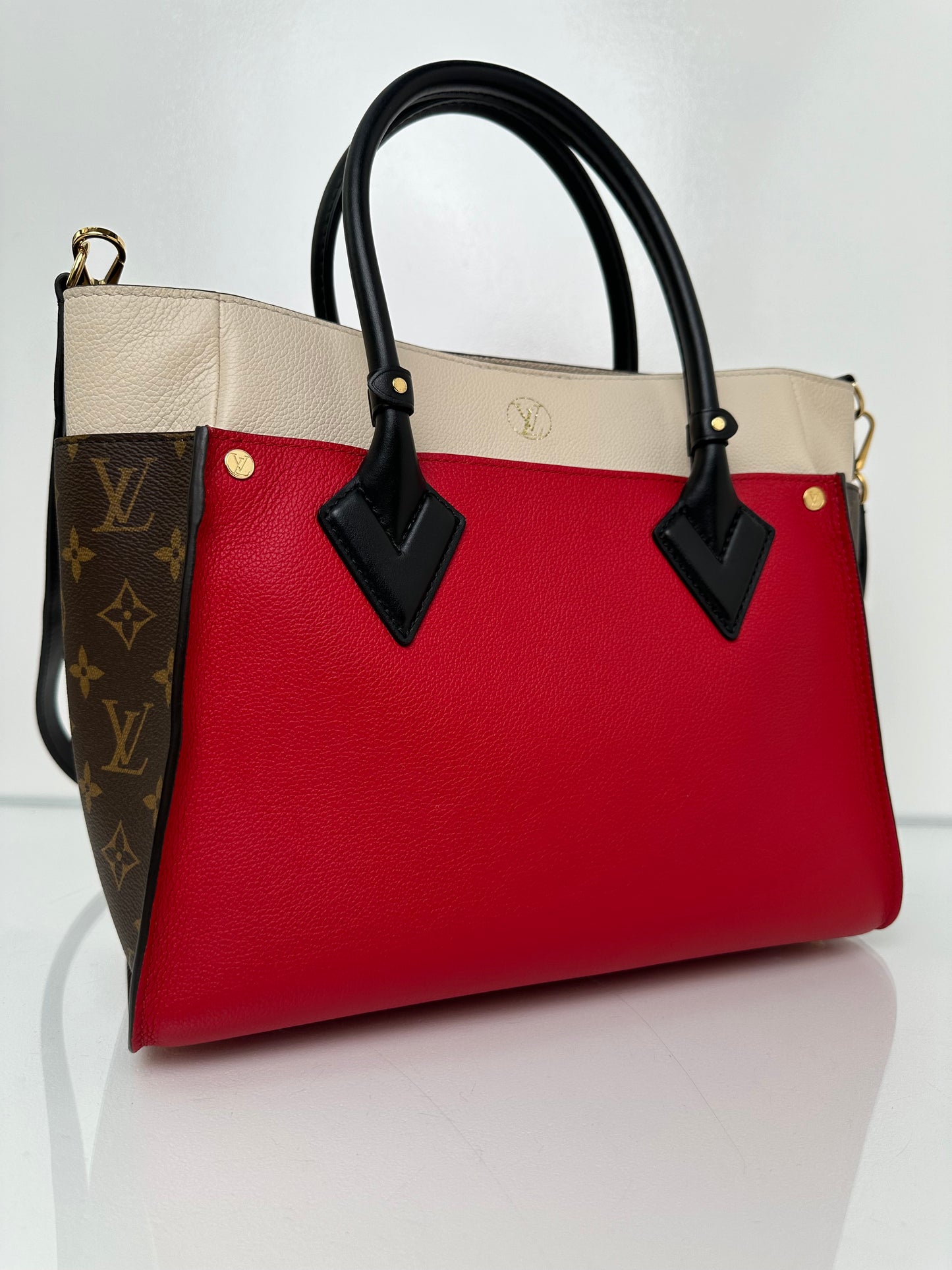 Louis Vuitton Red, Cream, & Monogram On My Side Tote Bag