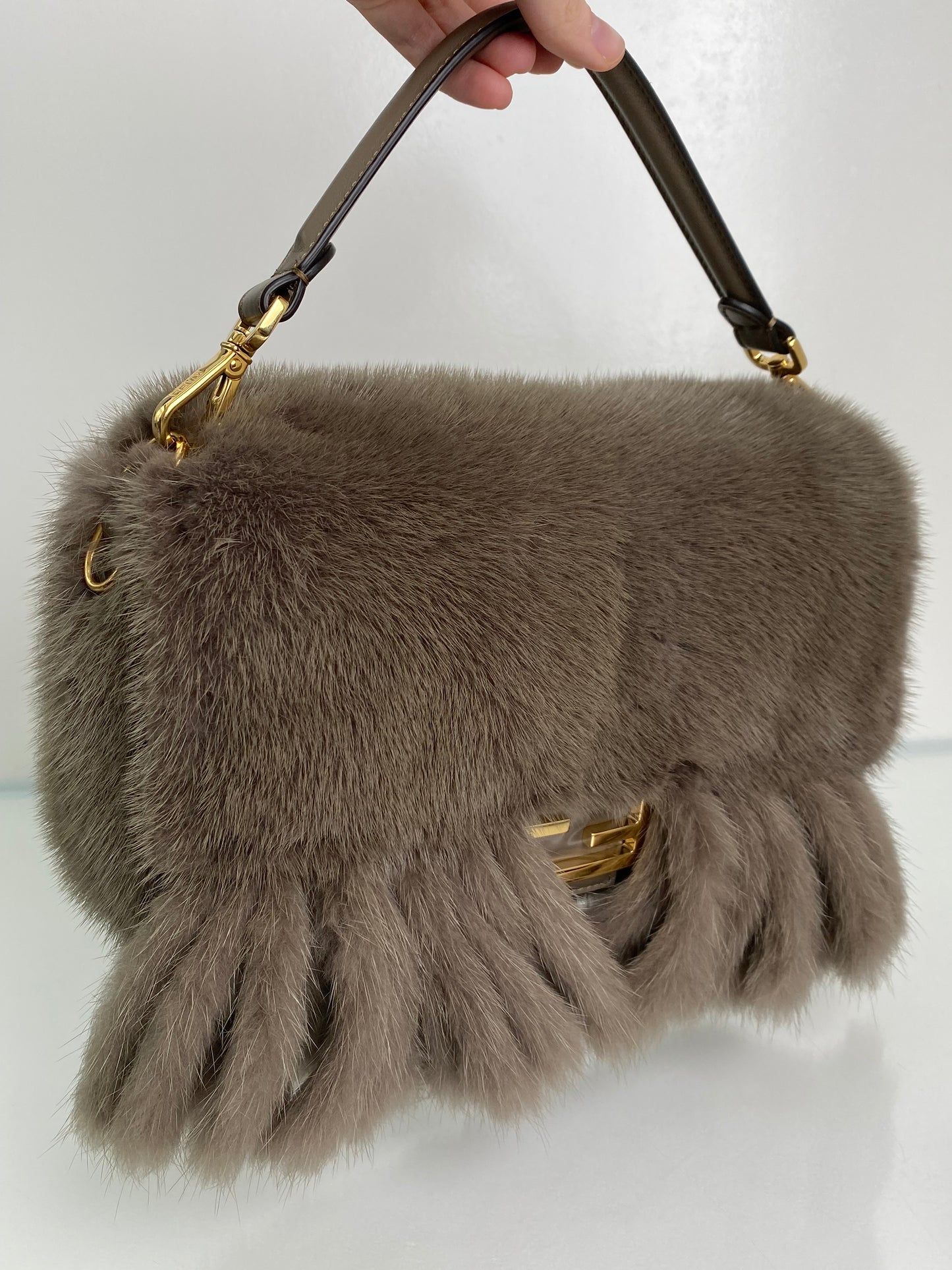 Fendi Grey Mink Fringe Baguette Bag GHW