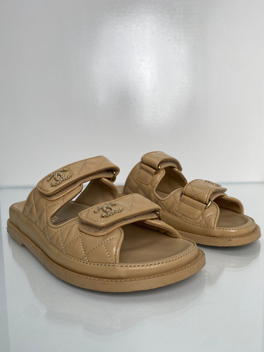 Chanel Beige Lambskin CC Dad Sandals, 37