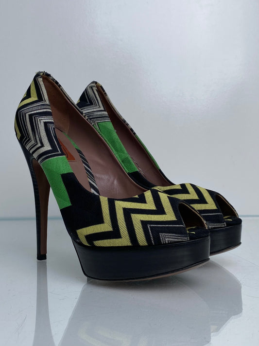 Missoni Black, Green, & Yellow Print Pumps, 38