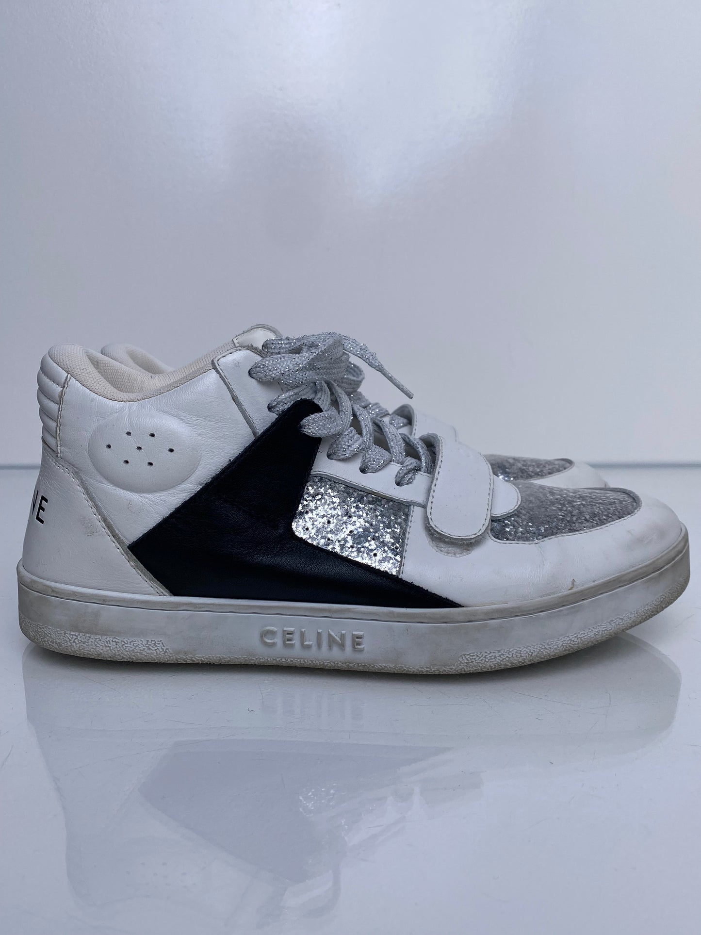 Celine White, Silver, & Black High Top Sneakers, 39