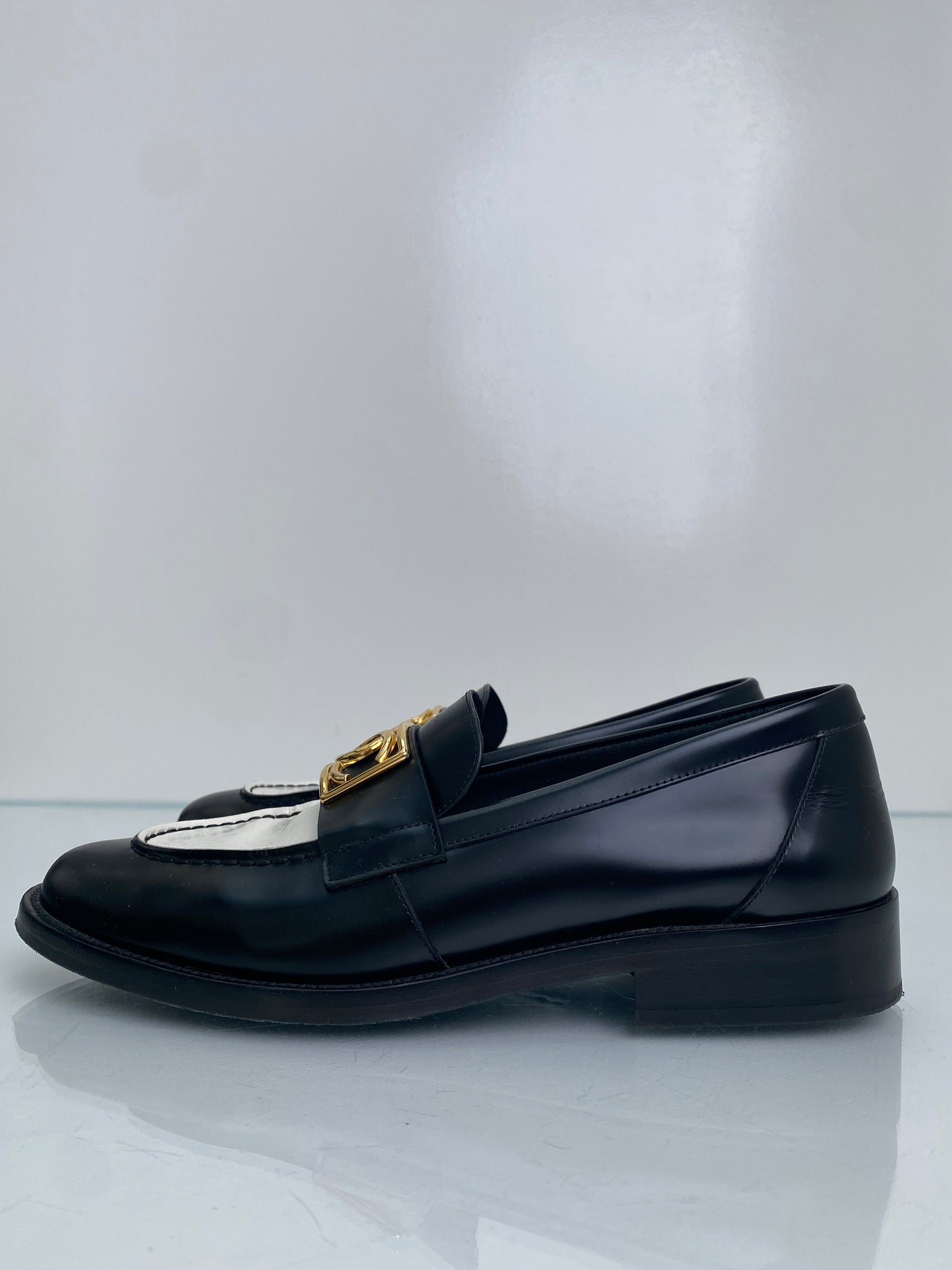 Chanel Black, White, & Gold CC Leather Loafers, 42