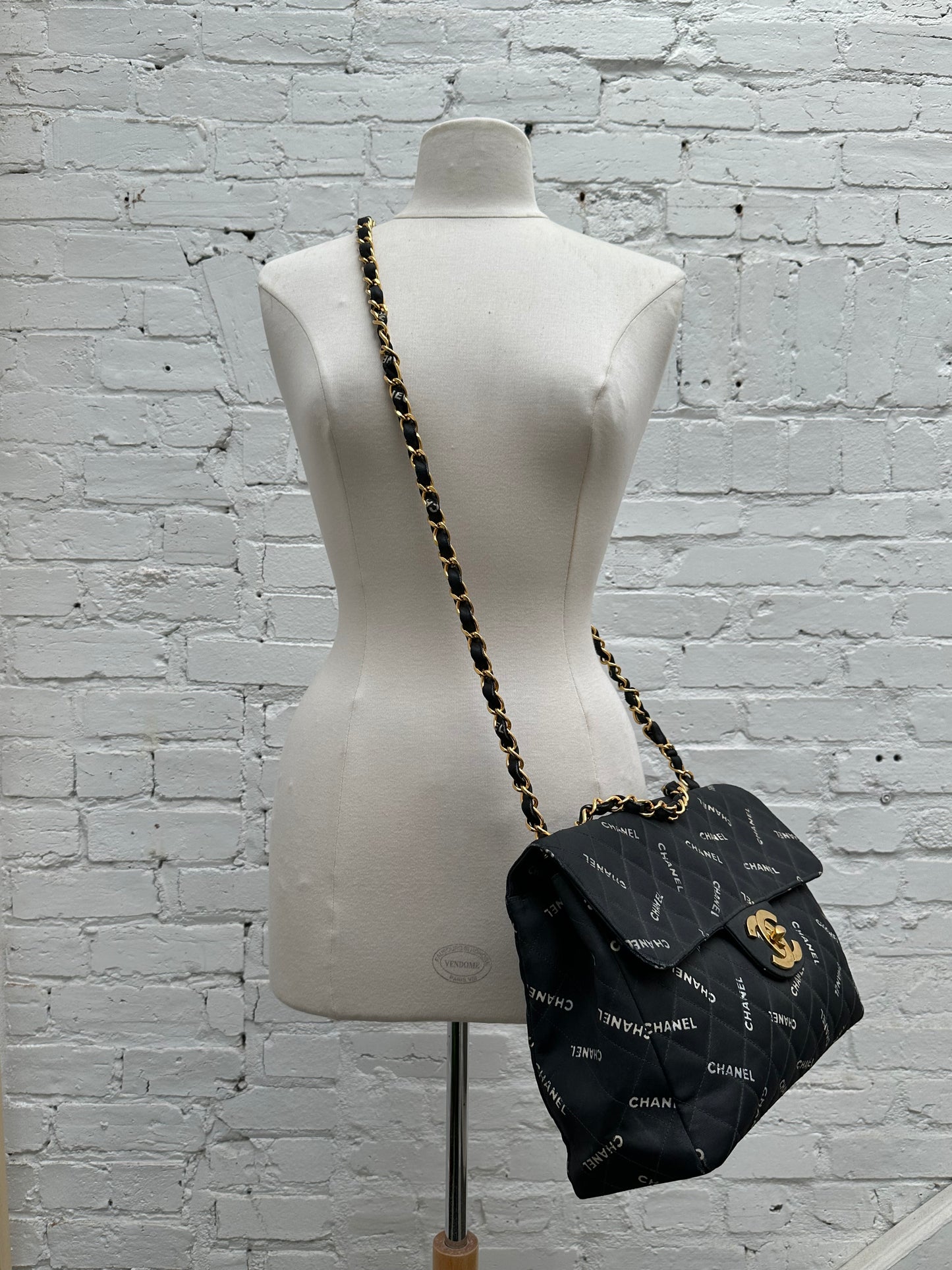 Chanel 1995 Black Canvas “Chanel” Single Flap Maxi Bag 24KGHW