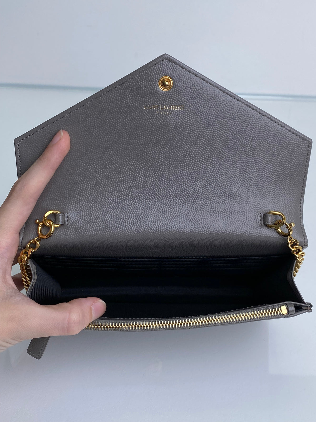Saint Laurent Urban Grey Cassandre Chain Wallet Bag GHW