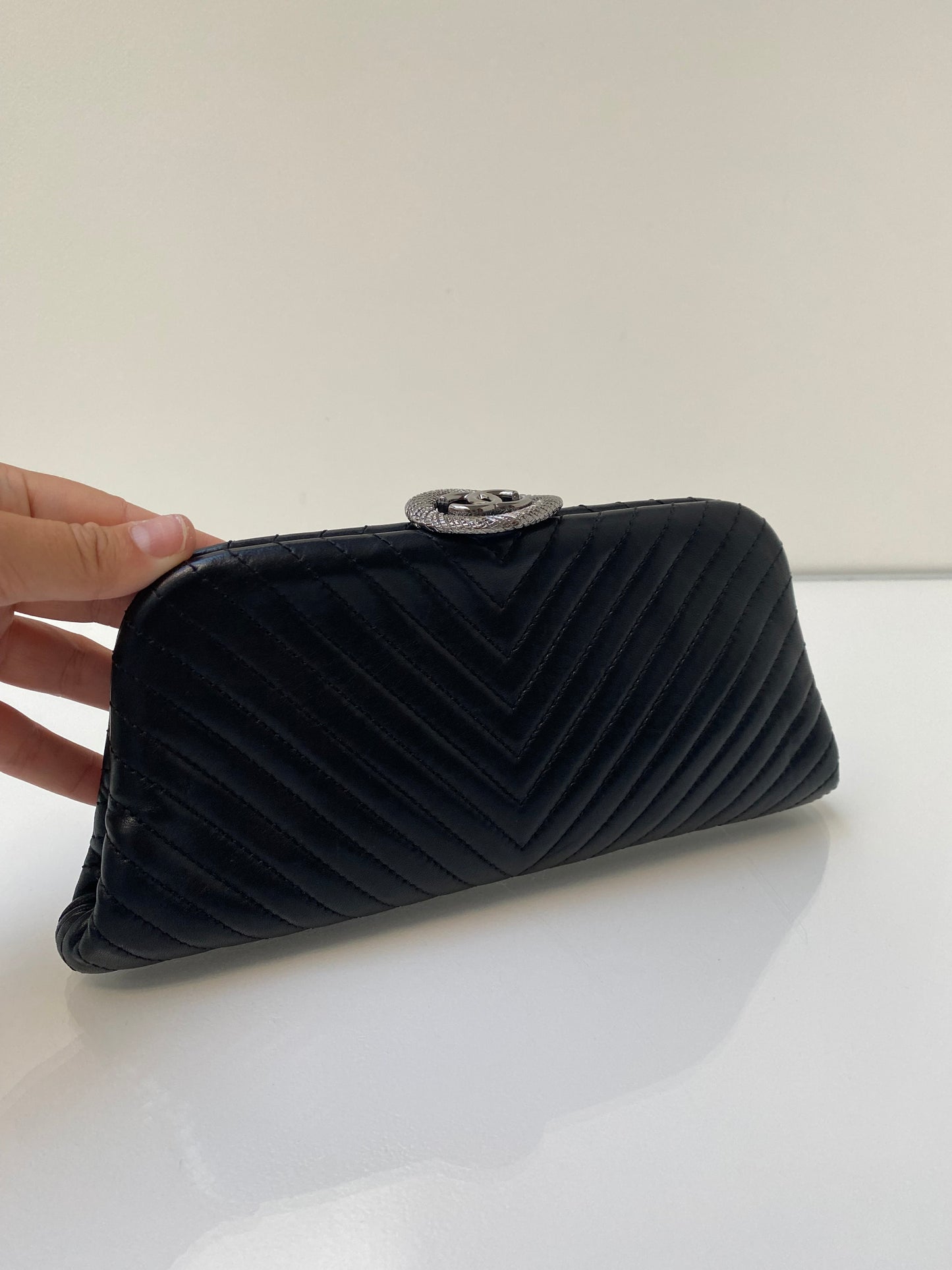 Chanel Surpique Vertical Chevron Black Lambskin Clutch